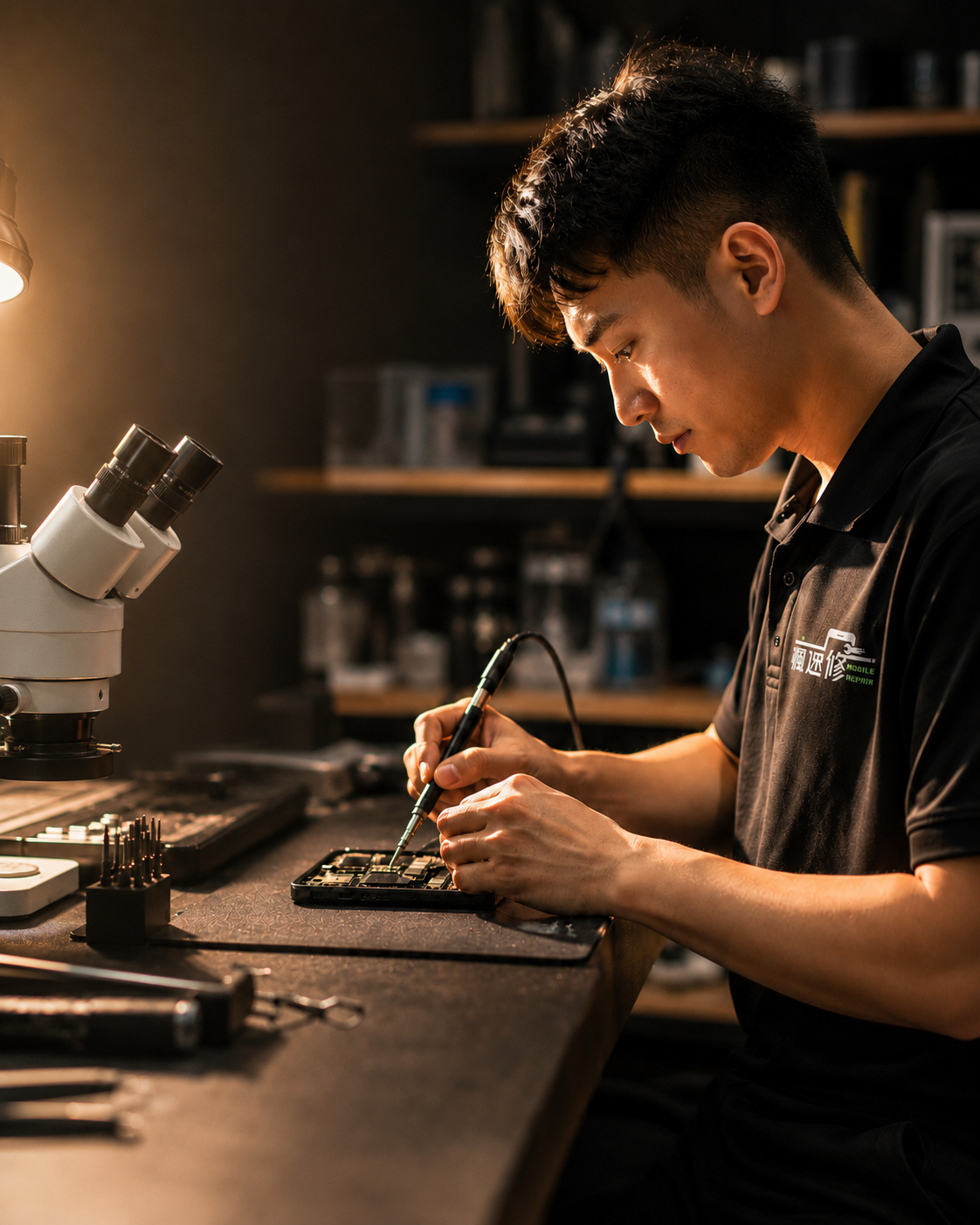 瘋速修技師正在工作台上維修手機主機板